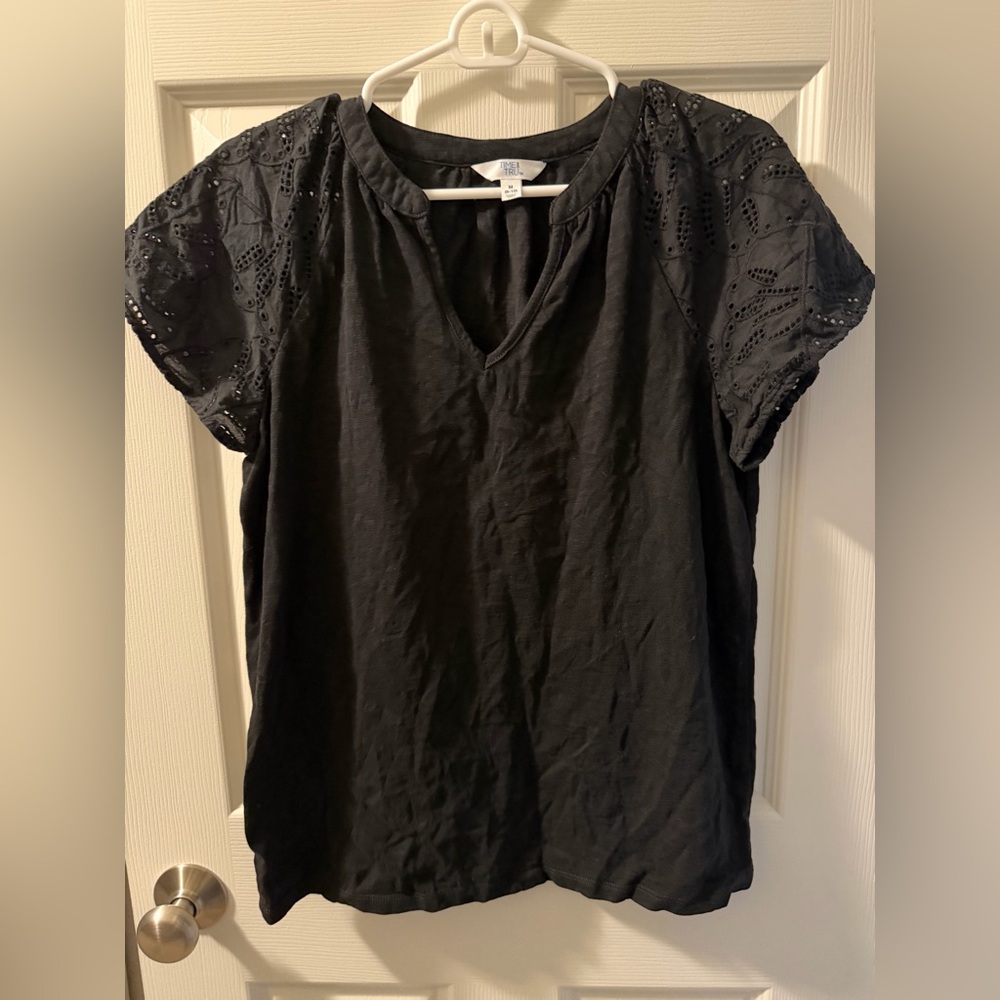 Time and Tru Black Eyelet Sleeve Blouse
